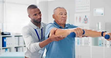 Image showing Dumbbells, physical therapy and old man with physiotherapist, muscle training and strength with senior care. Health, wellness and men at physio clinic for weightlifting, rehabilitation and equipment