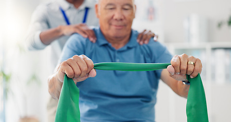 Image showing Resistance band, physical therapy and old man with physiotherapist, muscle training and strength with senior care. Health, wellness and people at physio clinic with rehabilitation and equipment