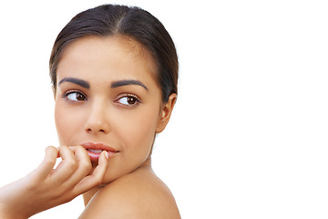 Image showing Skincare, thinking and woman in studio with natural, glow and healthy face routine for wellness. Beauty, idea and young female person with facial dermatology treatment by white background with mockup