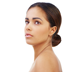 Image showing Beauty, thinking and woman in studio with natural, glow and healthy face routine for wellness. Skincare, idea and young female person with facial dermatology treatment by white background with mockup