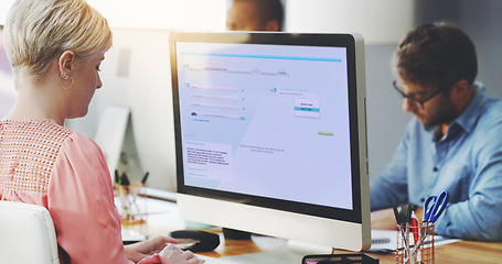 Image showing Group, businesswoman or typing on computer in office, diversity and work on reading with online application. Workplace, productivity or consultant by desktop on research or website for connectivity