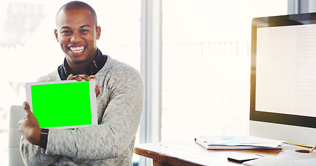 Image showing Businessman, happy and portrait with tablet with green screen, office and mockup space for online advertising. Consultant, smile and face with marketing for mobile app and website promotion in tech