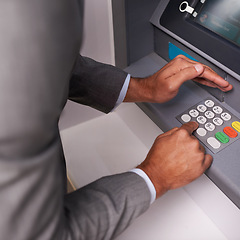 Image showing Businessman, hands and typing pin on ATM for banking, privacy or security at money machine. Closeup of man entering digit or secret code for cash withdrawal, deposit or finance at electronic system