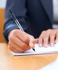 Image showing Hands, business person and writing in notebook, agenda and info in office. Journal, notes and closeup of professional secretary at desk with pen for reminder, schedule and planning project ideas