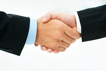 Image showing Business people, shaking hands and thank you for partnership in introduction, hello and opportunity. Deal, onboarding and coworkers in agreement, closeup and promotion in workplace or collaboration