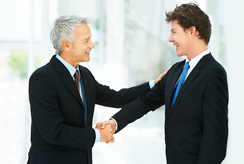 Image showing Business people, shaking hands and thank you for interview in introduction, hello and opportunity. Senior manager, onboarding and employee in agreement, hire and promotion in office or collaboration