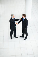 Image showing Business people, shaking hands and thank you for interview in introduction, hello and opportunity. Partnership, onboarding and b2b in agreement, top view and promotion in office or collaboration