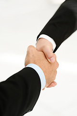 Image showing Business people, shaking hands and thank you for support in introduction, hello and opportunity. Partnership, onboarding and coworkers in agreement, closeup and promotion in office or collaboration