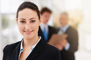 Image showing Business woman, happy in portrait and leader at law firm, pride and ambition with attorney in workplace. Corporate lawyer, career in justice and supervisor in professional headshot at office