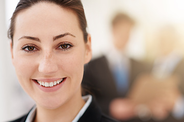 Image showing Happy, woman and portrait in office with professional accountant working in financial company with pride. Person, smile and confidence in corporate accounting firm as business advisory in economy