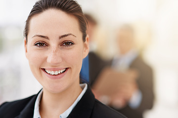 Image showing Happy, portrait and woman in office with professional accountant working in financial company with pride. Person, smile and confidence in corporate accounting firm as advisor in business and finance