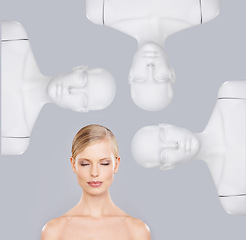 Image showing Woman, makeup and mannequin in studio for beauty, cosmetics and topless on white background for wellness. Dummy, perfection and female person with skincare for glow, dermatology and lifestyle