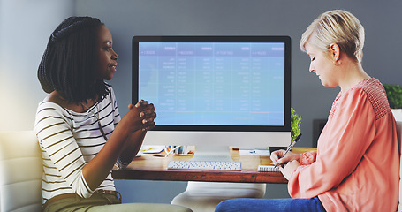 Image showing Business women, communication and feedback by computer screen in office, diversity and talking or writing on accounting. Workplace, productivity or finance team by desktop or collaboration on project