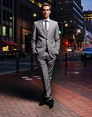 Image showing Fashion, night and portrait of business man in city with style, formal clothes and suit in street. Professional, corporate worker and person in town for entrepreneurship, job and career in London