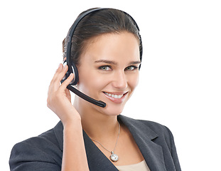 Image showing Businesswoman, headset and assistant in studio portrait, customer service and crm on white background. Female person, call centre representative and tech support or networking, hotline and consultant