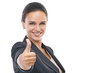 Image showing Businesswoman, thumbs up and approval in studio portrait, winner and satisfaction on white background. Female person, thank you and agreement or support, yes and like emoji for motivation or review