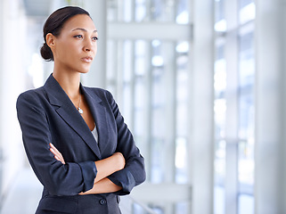 Image showing Business, thinking and woman with decision, arms crossed and opportunity with consultant and lawyer. Serious person, legal aid and employee with problem solving or questions with planning or solution