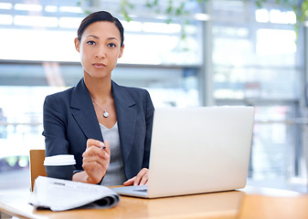 Image showing Businesswoman, portrait or laptop for research on website, internet or social media in digital agency. Networking, writing or employee typing on technology for schedule, news or online info in office