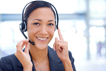 Image showing Businesswoman, headset and virtual assistant in portrait, customer service and crm in office. Female person, call centre representative and technical support or networking, hotline and consultant