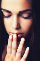 Image showing Woman, makeup and cosmetics for skincare, confidence and satisfaction for beauty or results. Female person, closeup and pride for dermatology or facial treatment, wellness and care in daily routine