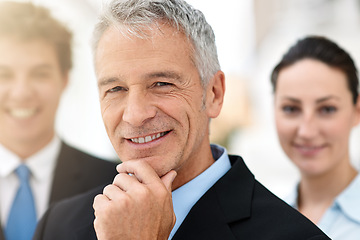 Image showing Business man, CEO and confident in portrait, leadership for team at consulting agency with smile and pride. Management, senior executive in workplace and consultant at company for corporate career