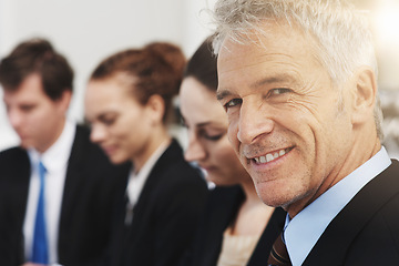 Image showing Business man, face of CEO and smile, leadership for team at consulting agency with confidence and pride. Manager in portrait, senior executive at office and consultant at company for corporate career