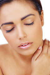 Image showing Skincare, face and woman in studio with natural, glow and healthy routine for wellness. Beauty, cosmetic and closeup of young female person with facial dermatology treatment by white background.