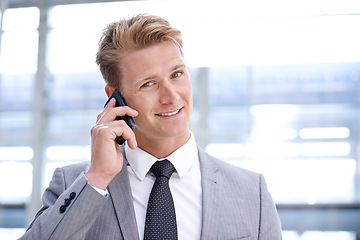 Image showing Businessman, phone call and networking or planning in portrait, communication and talk on opportunity. Male person, b2b and smile for discussion on business deal, connection and consulting on agenda