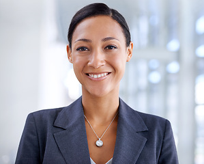 Image showing Happy, business woman and portrait at office for career ambition or law of professional in confidence. Face of female person, lawyer or employee with smile in fashion for corporate firm at workplace