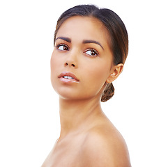 Image showing Skincare, beauty and woman in studio with natural, glow and healthy face routine for wellness. Cosmetic, model and beautiful young female person with facial dermatology treatment by white background.