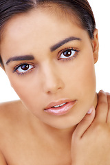 Image showing Skincare, face and portrait of woman in studio with natural, glow and healthy routine for wellness. Beauty, cosmetic and young female person with facial dermatology treatment by white background.