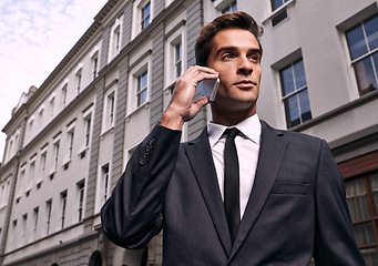 Image showing Phone call, corporate and business man in city for consulting, communication and contact. Networking, technology and conversation with male employee in outdoors for feedback, planning and chat