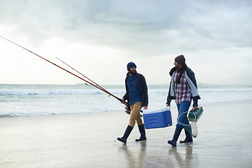 Image showing Hobby, fishing and men walking on beach together with cooler, tackle box and holiday conversation. Ocean, fisherman and friends with rods, bait and tools at waves on winter morning vacation at sea.
