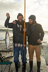 Image showing People, fishing and happy portrait at lake with pride to catch trout with tools on pier at on holiday. Fisherman, friends and smile holding fish in hand on adventure in nature at sea for vacation