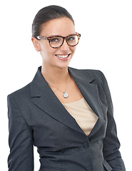 Image showing Businesswoman, glasses and consultant in studio portrait, professional and optometry on white background. Female person, eyewear and entrepreneur confident for startup company, optical care and smile
