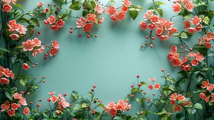 Image showing Floral frame with pink flowers, green leaves on a blue background