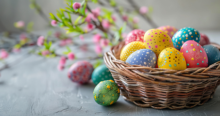 Image showing Easterthemed wicker storage basket filled with colorful eggs