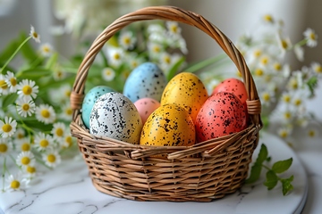 Image showing Easterthemed wicker basket with colorful eggs on table