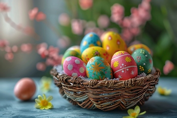 Image showing A wicker basket filled with colorful Easter eggs on a wooden table