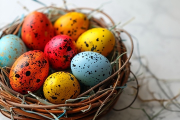 Image showing A birds nest with eggs on a twig, resembling a basket of colorful Easter eggs
