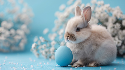 Image showing Cute Bunny With Blue Easter Egg on Pastel Background