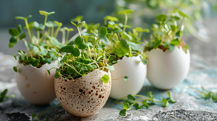 Image showing Group of eggs with sprouts growing out, resembling houseplants in flowerpots