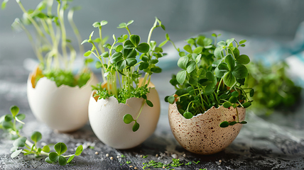 Image showing Group of eggs with sprouts growing out, resembling houseplants in flowerpots