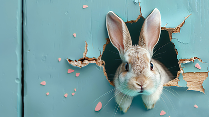 Image showing Curious Bunny Peeking Through a Blue Wooden Hole