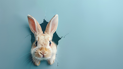 Image showing Cute Bunny Peeking Through a Hole on Blue Background