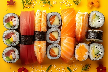 Image showing Assorted Sushi Set on Vibrant Yellow Background
