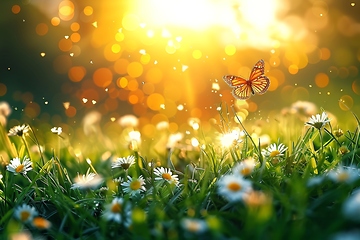 Image showing Vibrant Butterfly on Wildflowers in Sunlit Meadow