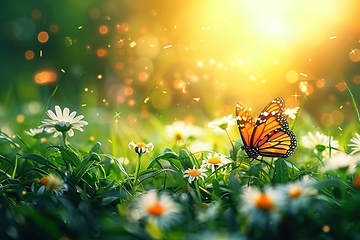 Image showing Monarch Butterfly on Daisy in Sunlit Meadow