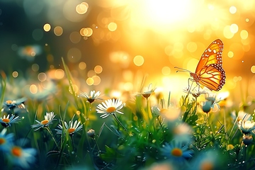 Image showing Vibrant Butterfly on Daisy Field at Golden Hour