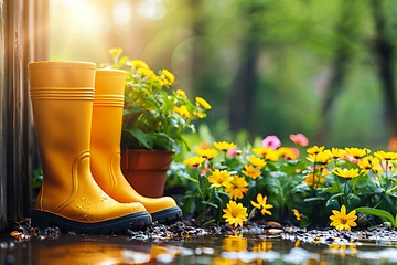 Image showing Yellow Rain Boots and Spring Flowers After Rain